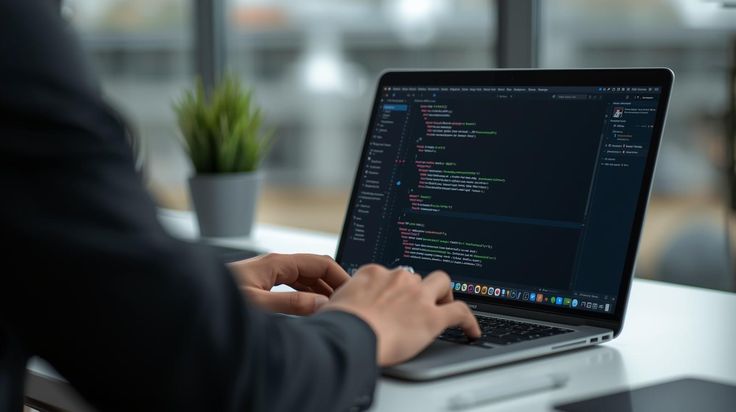 Seorang pengembang perangkat lunak sedang mengetik baris kode pada laptop di meja kerja untuk memastikan keamanan pengembangan aplikasi