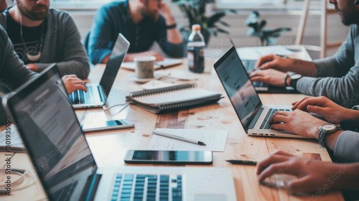 Tim pengembang IT yang sedang bekerja bersama menggunakan laptop di meja kayu dalam ruang kerja modern untuk pemeliharaan aplikasi